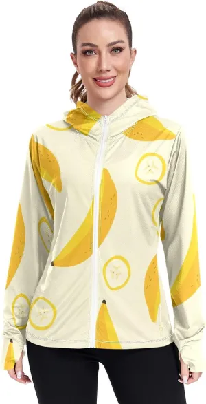 GAIGEO Banana Slices Yellow Women Jacket Active Wear UPF 50  Uv Clothes Women, Zip Pockets, L