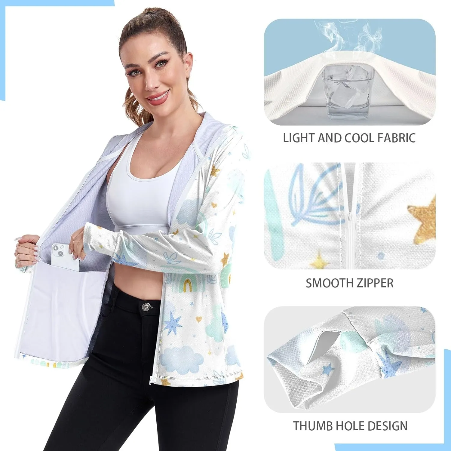 GAIGEO Blue Fish Stripes Women Jacket UPF 50  Uv Clothing for Women Sun Protection, Cooling and Lightweight, S