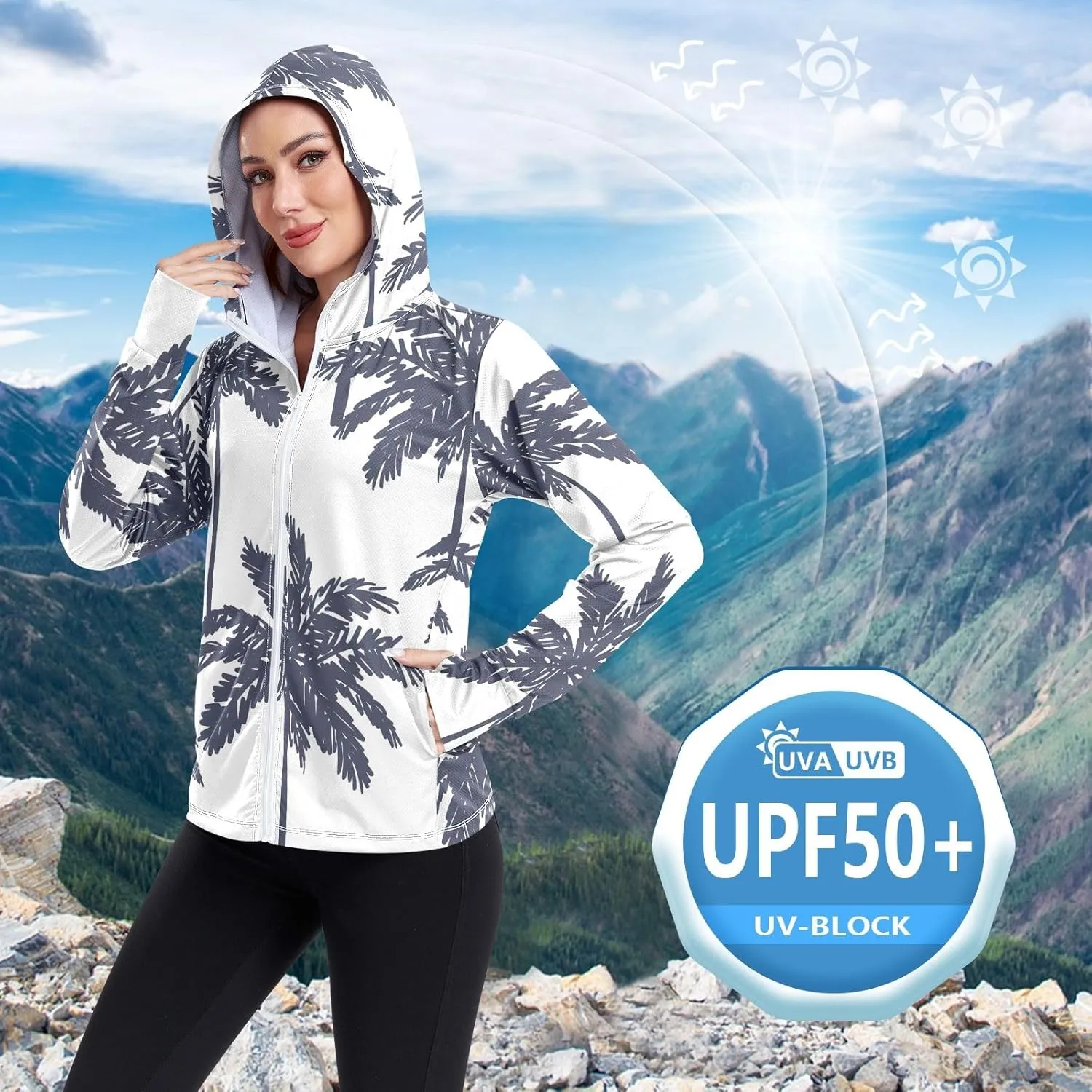 GAIGEO Cute Rabbit Doodle Style Women Jacket Breathable Women Uv Protection Clothing UPF 50 , with Zip Pockets, S