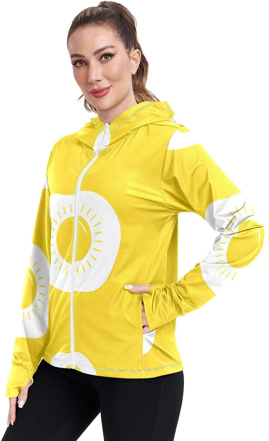 GAIGEO Fried Egg Yellow Women Jacket UPF 50  Women Uv Protection Clothing Thumb Holes Neck Protection, XXL
