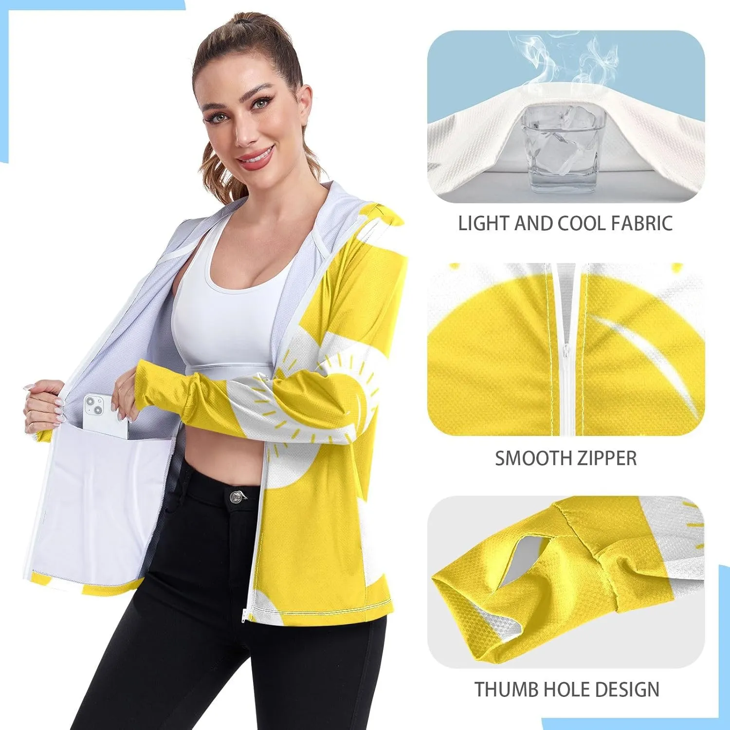 GAIGEO Fried Egg Yellow Women Jacket UPF 50  Women Uv Protection Clothing Thumb Holes Neck Protection, XXL