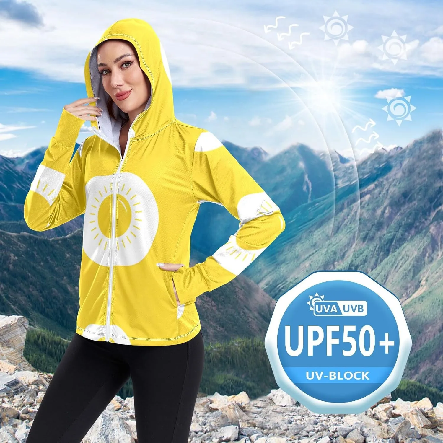 GAIGEO Fried Egg Yellow Women Jacket UPF 50  Women Uv Protection Clothing Thumb Holes Neck Protection, XXL