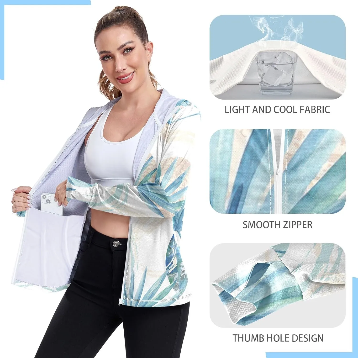 GAIGEO Tropical Palm Leaves Floral Blue Women Jacket UPF 50  Lightweight Summer Jackets for Women, Breathable Fabric, S