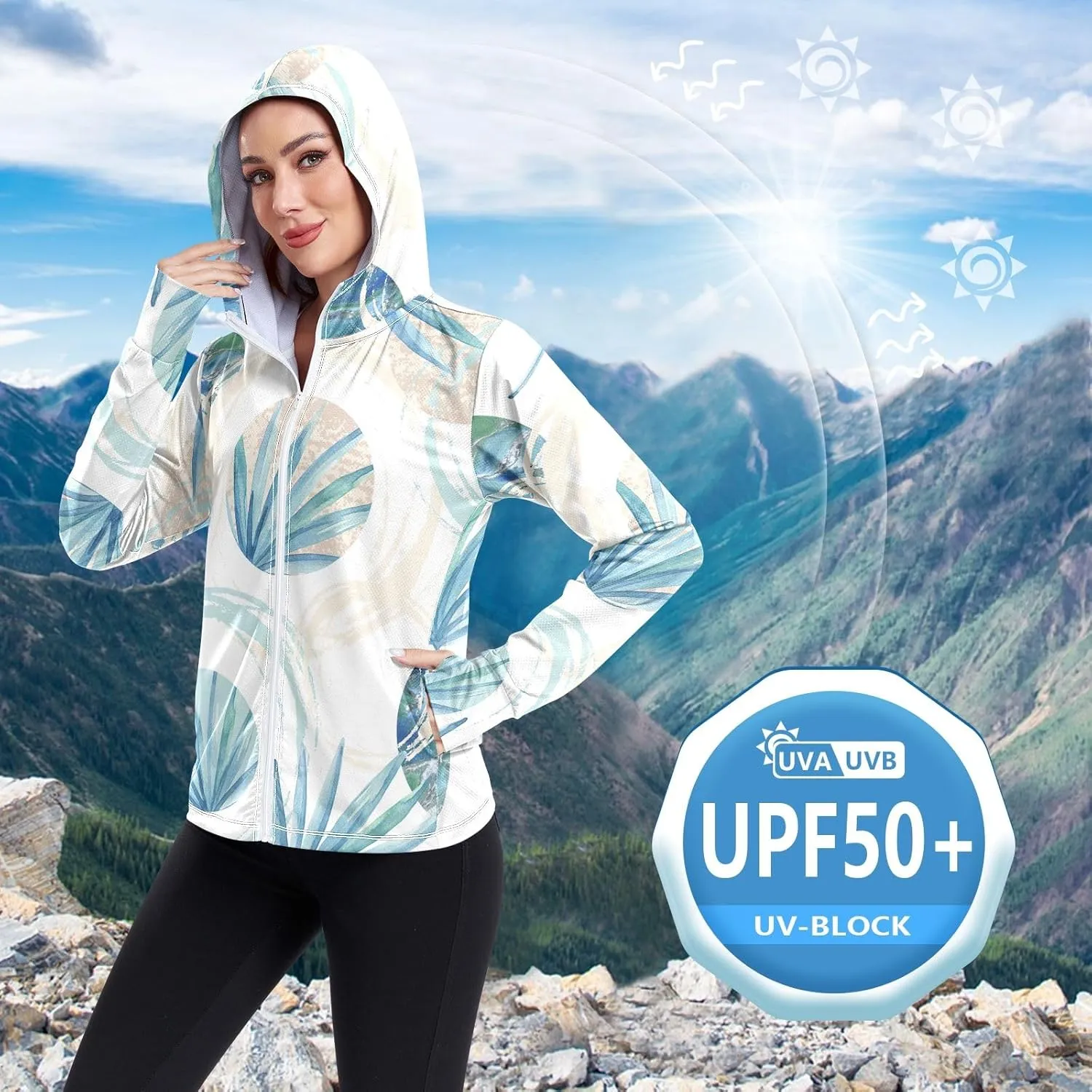 GAIGEO Tropical Palm Leaves Floral Blue Women Jacket UPF 50  Lightweight Summer Jackets for Women, Breathable Fabric, S