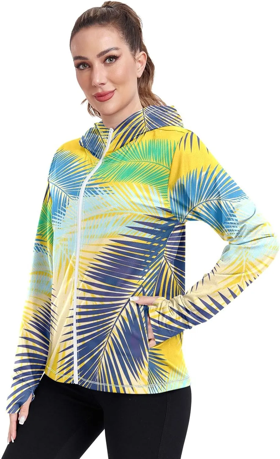 GAIGEO Yellow Blue Color Palm Leaves Women Jacket Active UPF 50  Womens Sun Protection Clothing, Secure Pockets, S