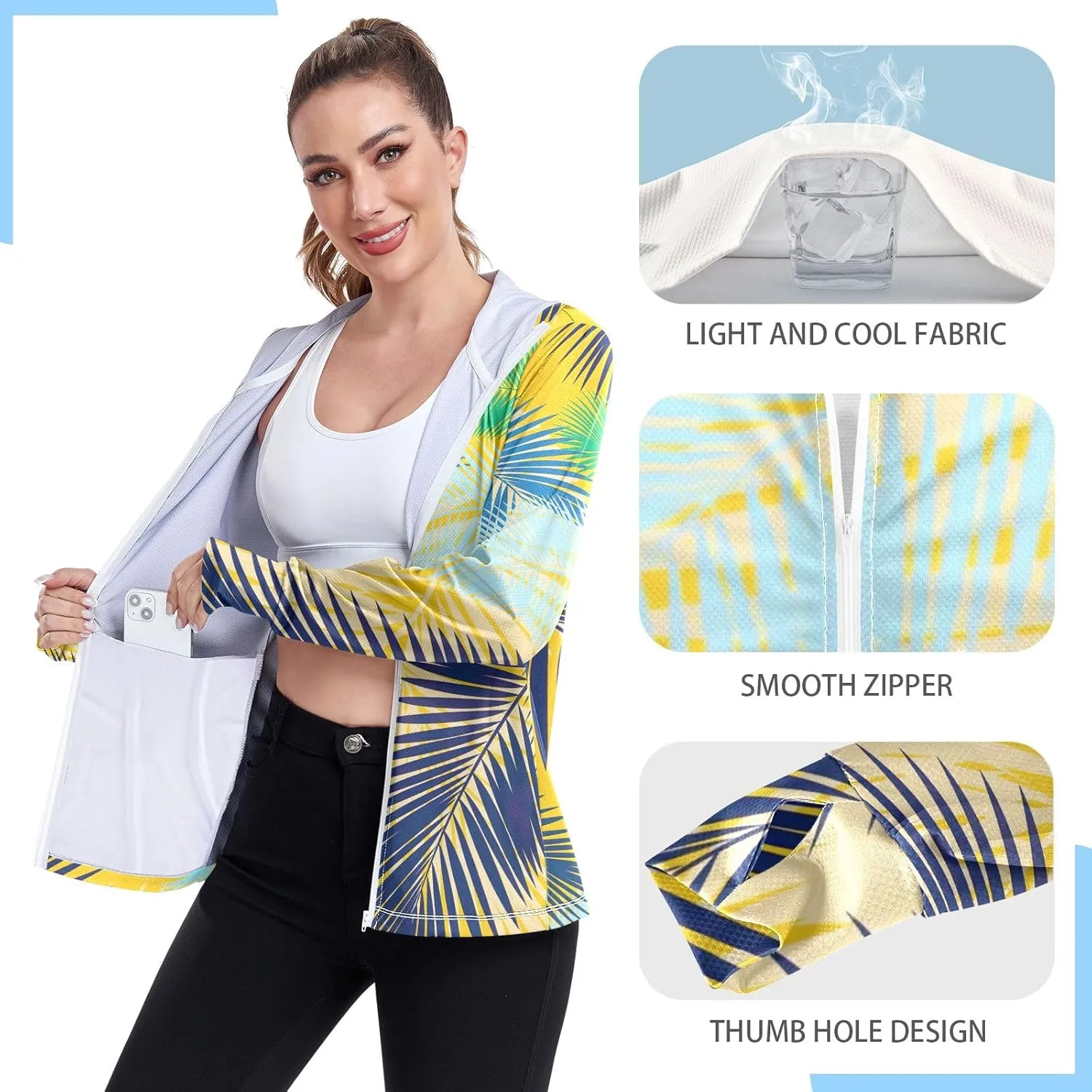GAIGEO Yellow Blue Color Palm Leaves Women Jacket Active UPF 50  Womens Sun Protection Clothing, Secure Pockets, S
