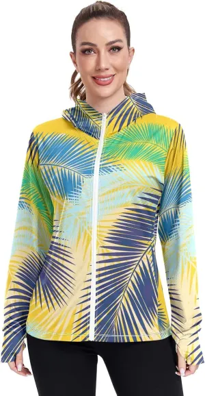 GAIGEO Yellow Blue Color Palm Leaves Women Jacket Active UPF 50  Womens Sun Protection Clothing, Secure Pockets, S