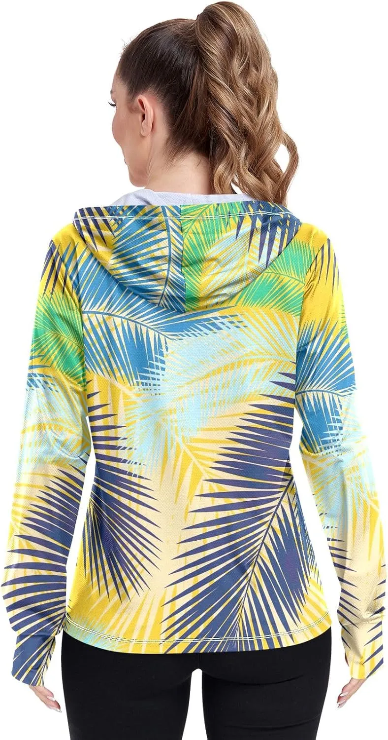 GAIGEO Yellow Blue Color Palm Leaves Women Jacket Active UPF 50  Womens Sun Protection Clothing, Secure Pockets, S