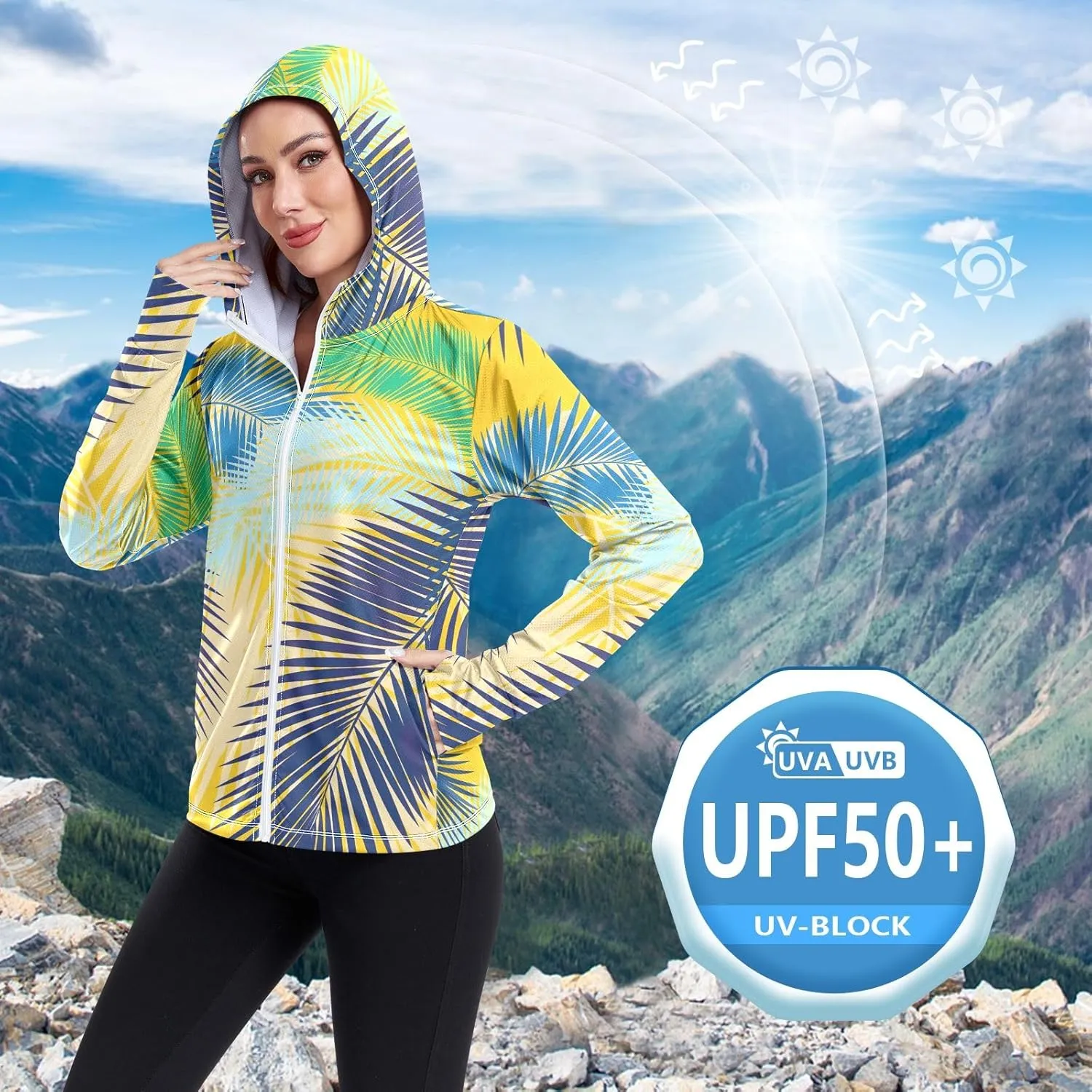 GAIGEO Yellow Blue Color Palm Leaves Women Jacket Active UPF 50  Womens Sun Protection Clothing, Secure Pockets, S