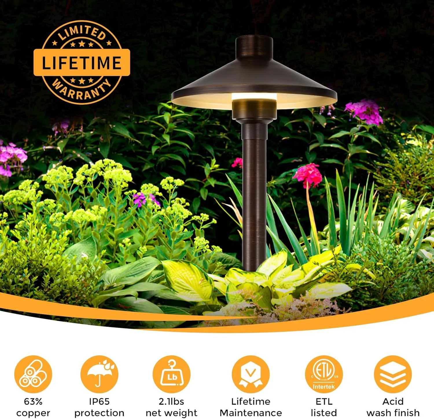 Gardencoin Solid Brass Low Voltage Pathway Lights (6.7'' Shade, 21.9'' Tall), 12V AC/DC Heavy Duty LED Landscape Path Lights Outdoor Wired, Antique Bronze Walkway Lights with Larger Stake, 6-Pack