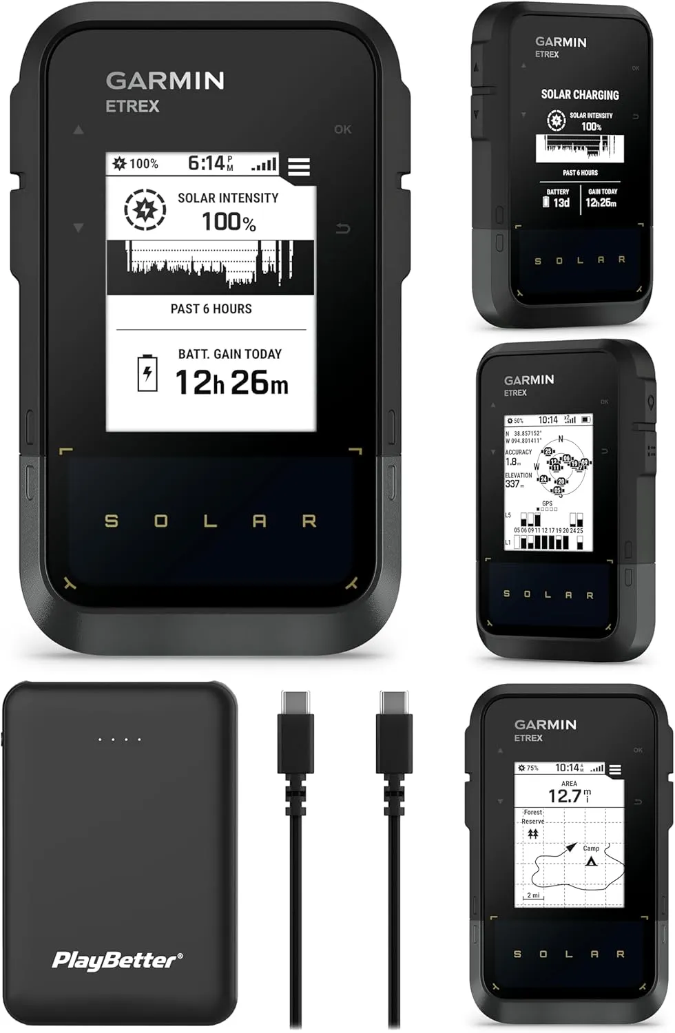 Garmin eTrex Solar Powered GPS Handheld Navigator Bundle - 2.2" High Resolution Screen, Unlimited Battery Life, IPX7 Water Resistant with PlayBetter Portable Charger
