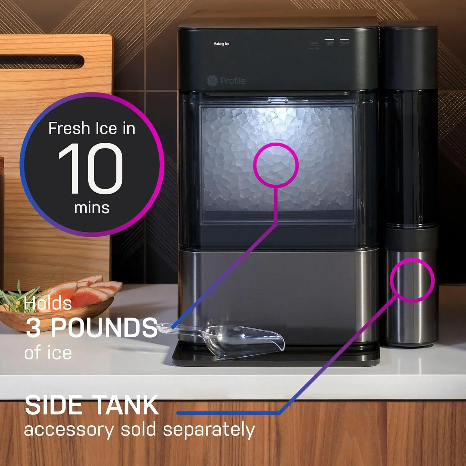 GE Profile Opal 2.0, Chewable Crunchable Countertop Nugget Ice Maker, Scoop included, 38 lbs in 24 hours, Pellet Ice Machine with WiFi & Smart Connected, Black Stainless Steel