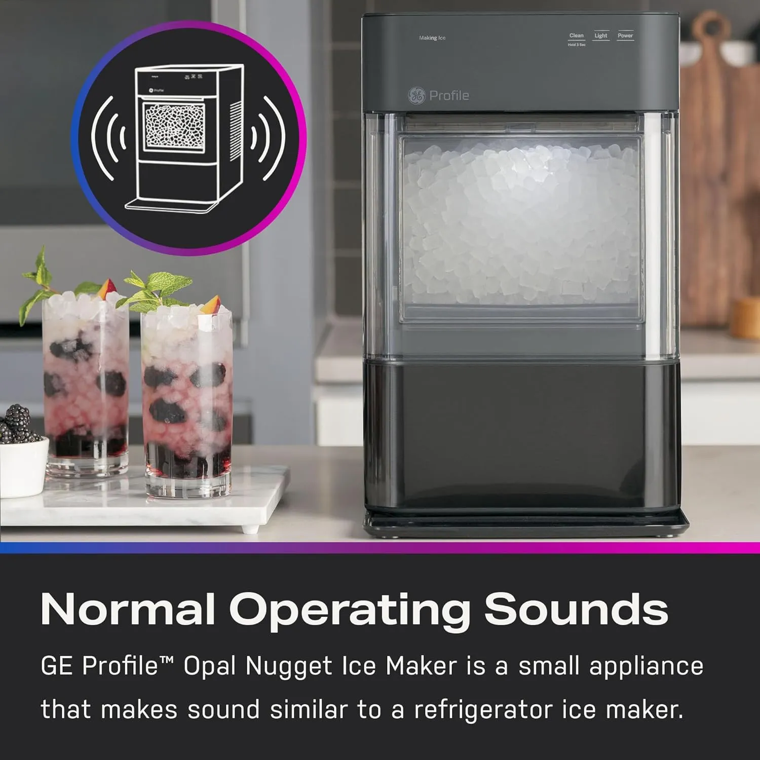 GE Profile Opal 2.0, Chewable Crunchable Countertop Nugget Ice Maker, Scoop included, 38 lbs in 24 hours, Pellet Ice Machine with WiFi & Smart Connected, Black Stainless Steel