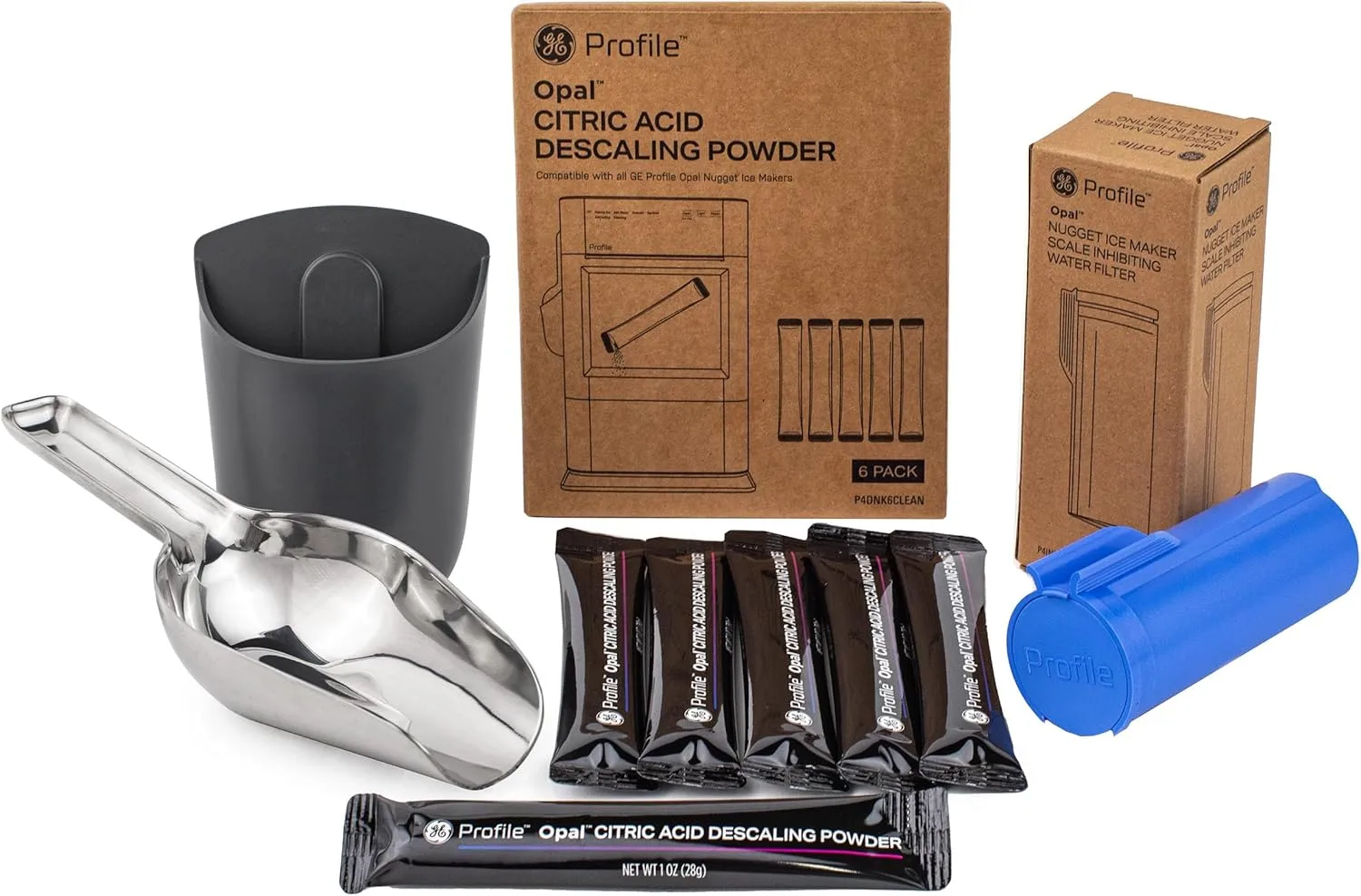 GE Profile Opal Upgrade Kit for Nugget Ice Maker, Includes Stainless Steel Scoop   Magnetic Holder, Scale Inhibiting Filter, Descaling 6 Pack Powder Kit