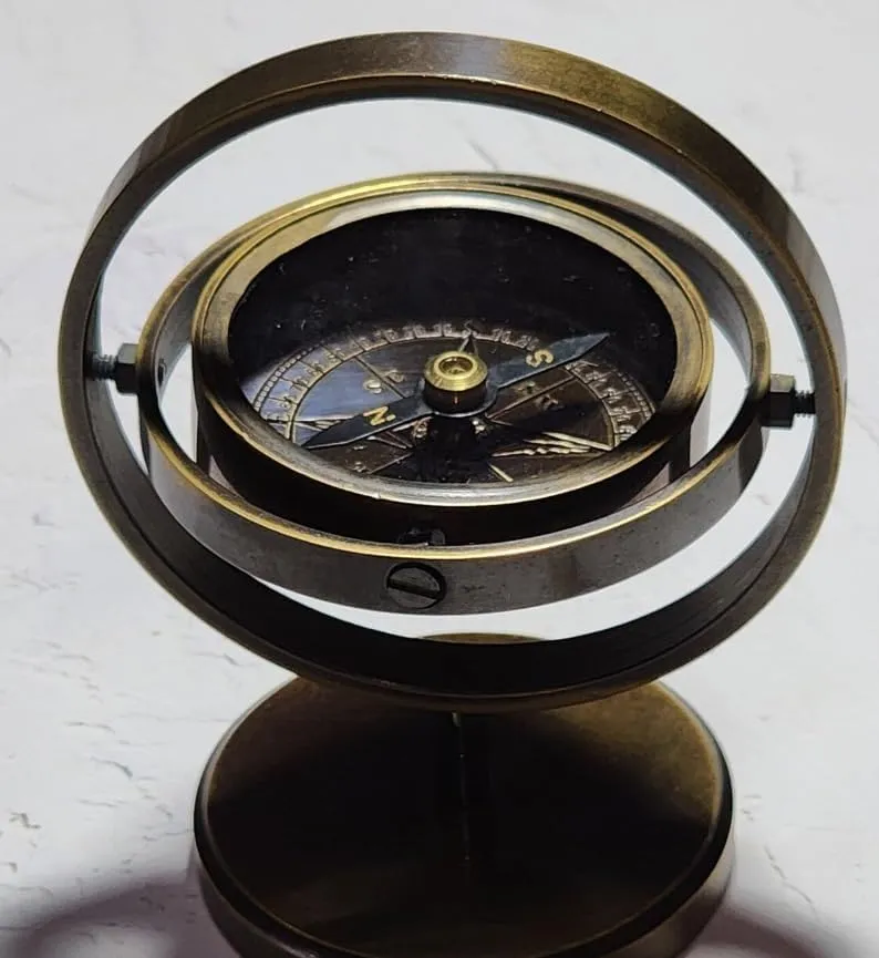 Generic Personalized Gimbal Compass Antique Brown Brass Navigation Compass Engraved with Brass Stand, 3 inch
