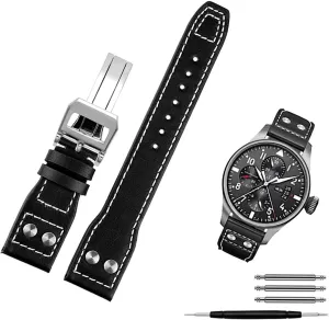 Genuine Cowhide Leather Rivets Watchband For IWC Big Pilot Spitfire Men Watch Strap With Folding Buckle 21mm 22mm