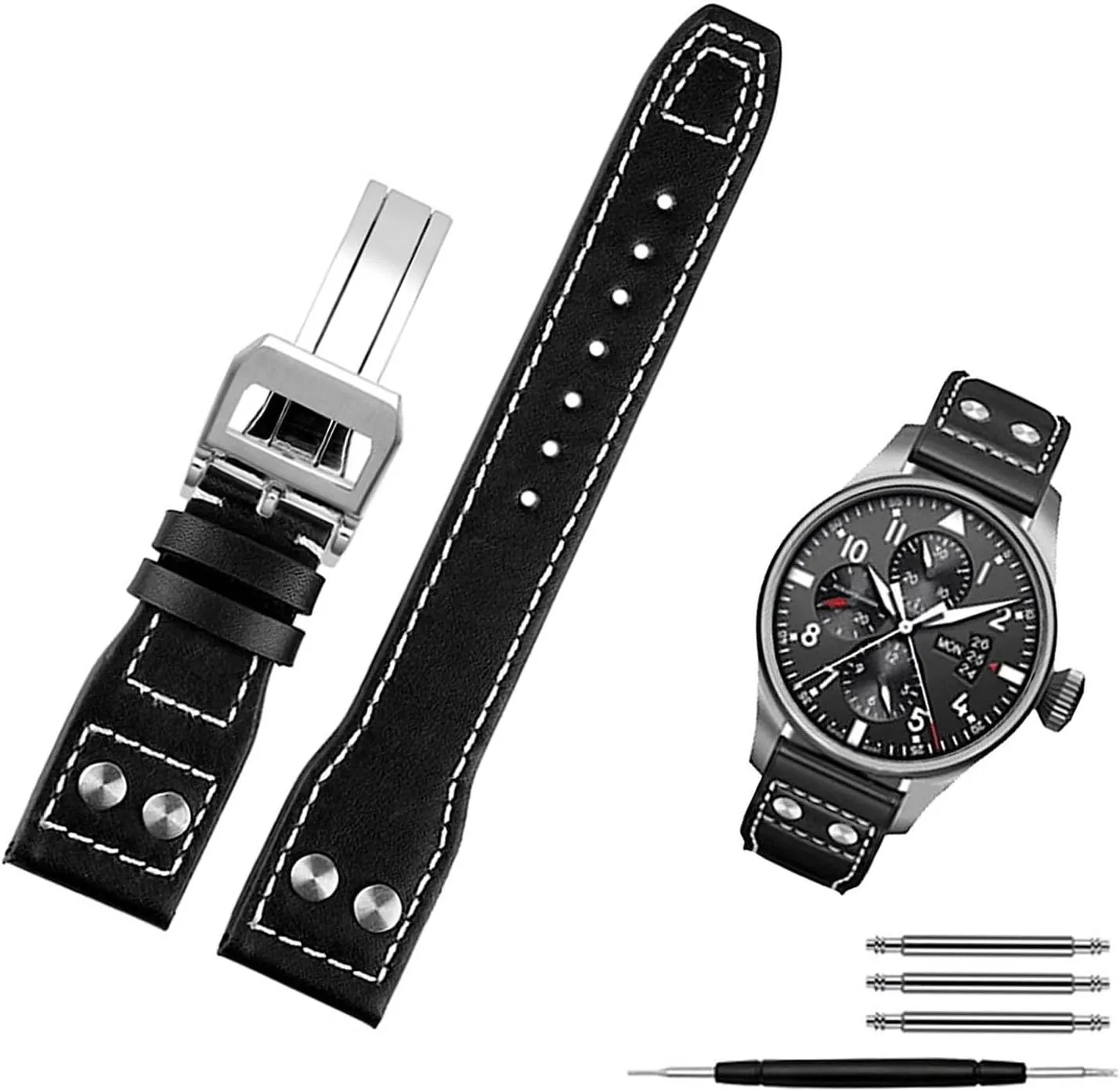 Genuine Cowhide Leather Rivets Watchband For IWC Big Pilot Spitfire Men Watch Strap With Folding Buckle 21mm 22mm