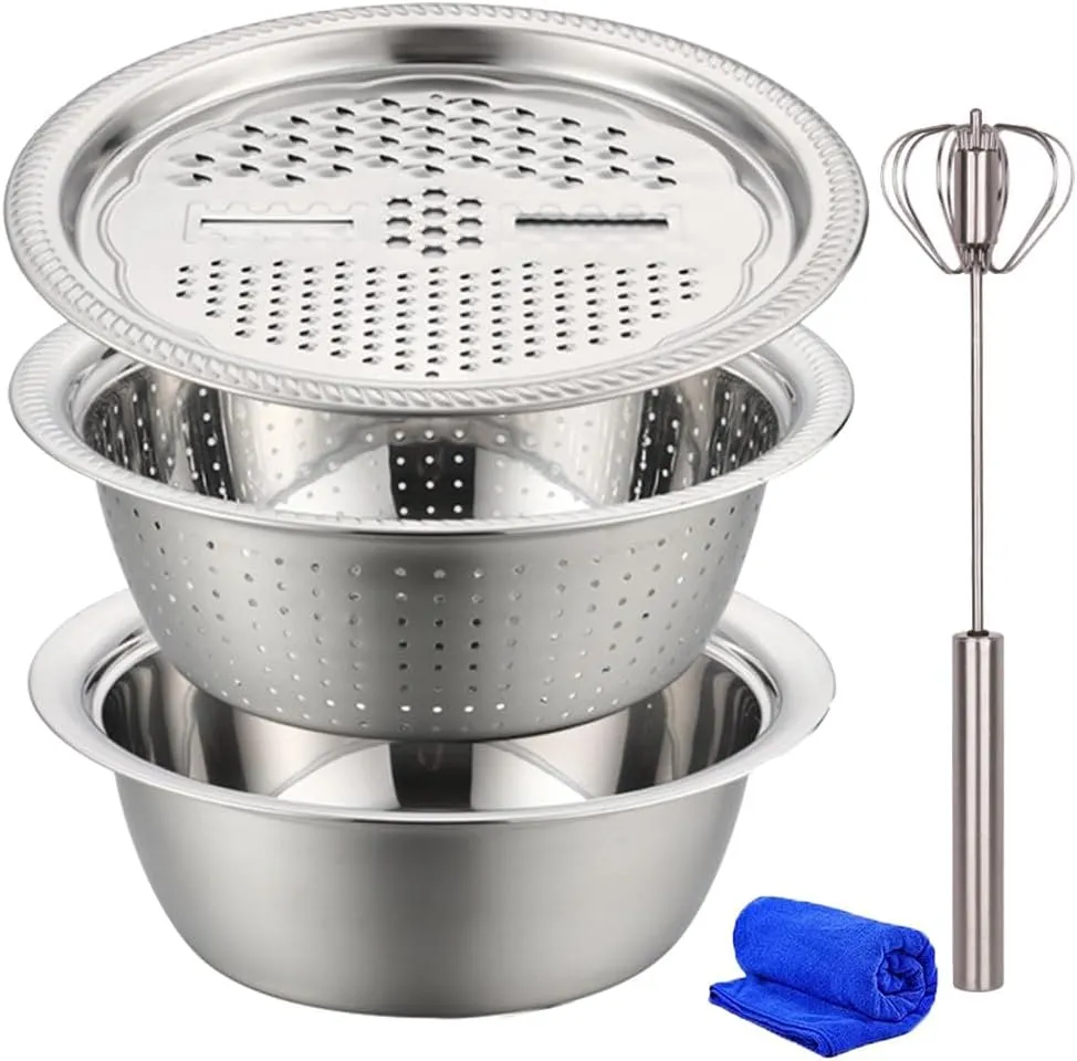 Germany Multifunctional Stainless Steel Basin,3-In-1 Multifunctional Stainless Steel Basin Strainer Set,Mpp8 German Stainless Steel Shredding & Drainage Chopping Basin (10.24In)