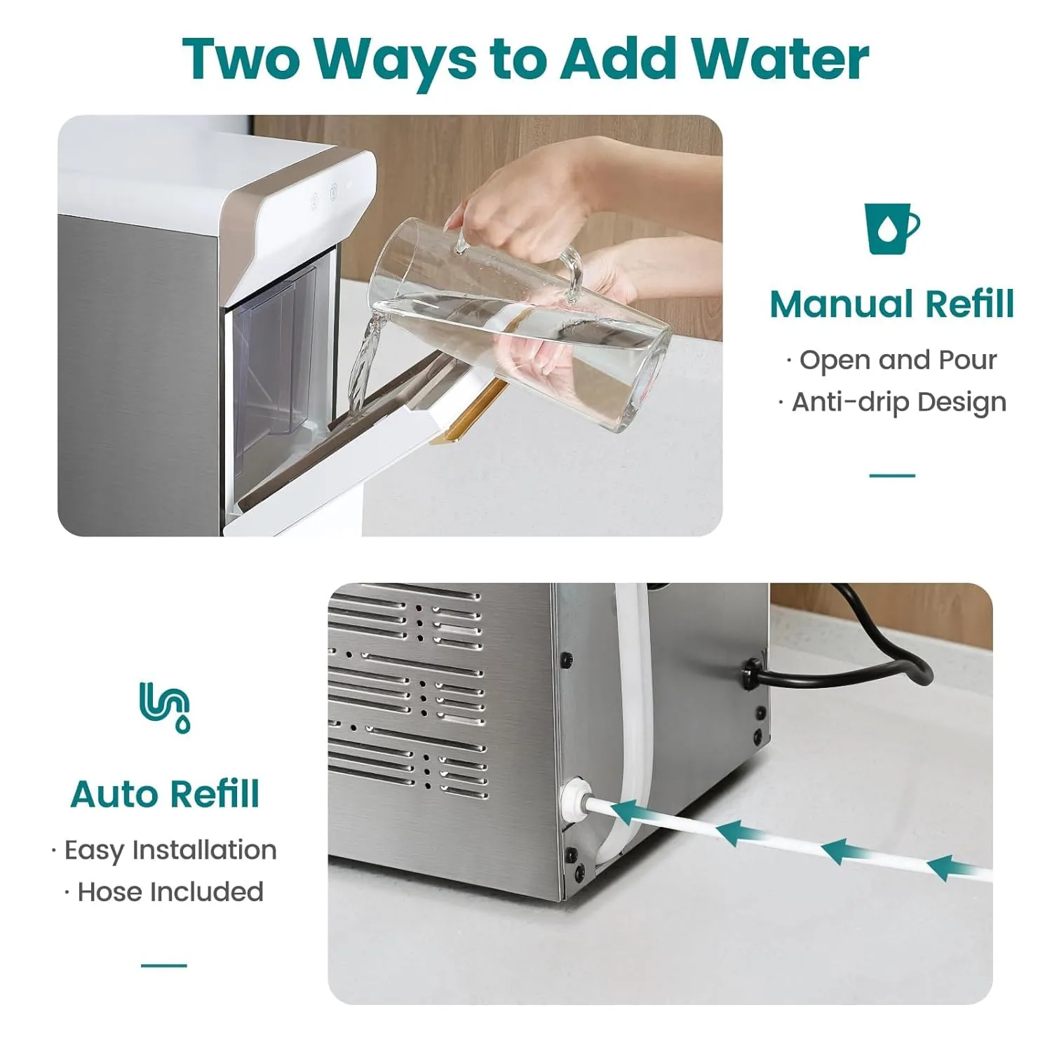 Gevi V2.0 Countertop Gemi Nugget Ice Maker | Self-Cleaning Pellet Ice Machine | Open and Pour Water Refill | Stainless Steel Housing | Fit Under Wall Cabinet | White