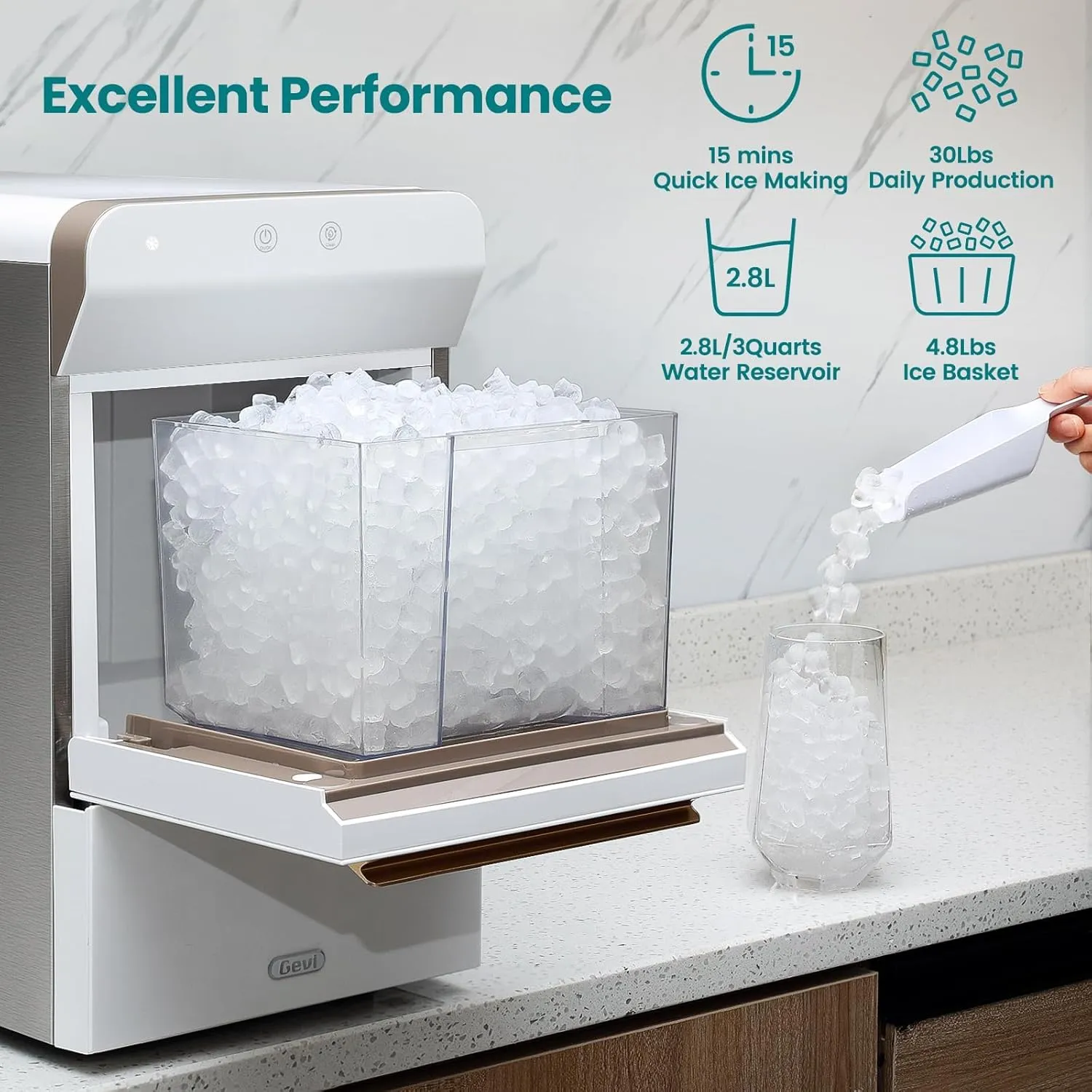 Gevi V2.0 Countertop Gemi Nugget Ice Maker | Self-Cleaning Pellet Ice Machine | Open and Pour Water Refill | Stainless Steel Housing | Fit Under Wall Cabinet | White