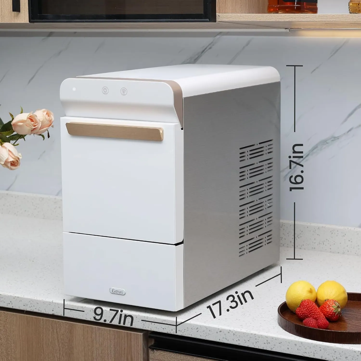 Gevi V2.0 Countertop Gemi Nugget Ice Maker | Self-Cleaning Pellet Ice Machine | Open and Pour Water Refill | Stainless Steel Housing | Fit Under Wall Cabinet | White