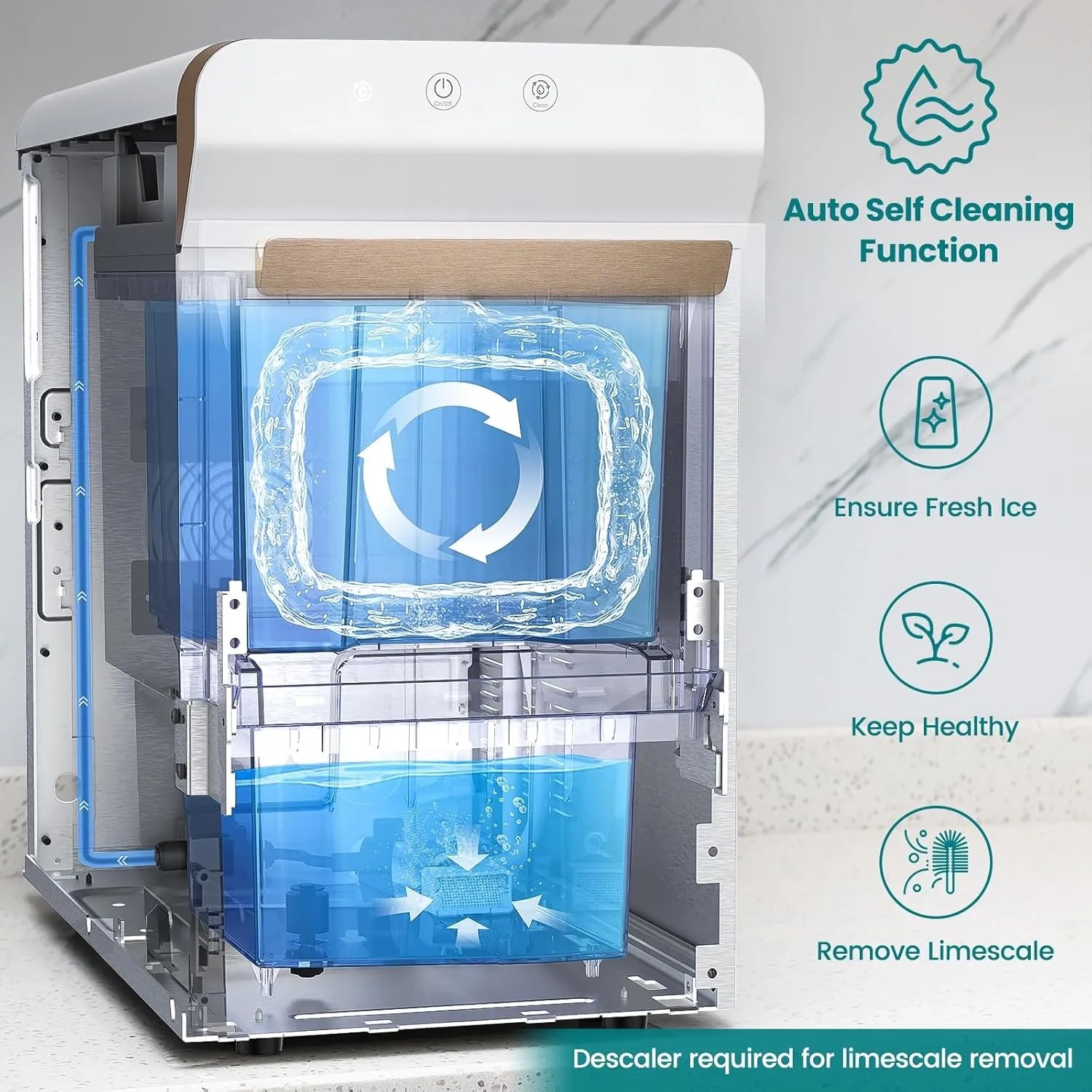 Gevi V2.0 Countertop Gemi Nugget Ice Maker | Self-Cleaning Pellet Ice Machine | Open and Pour Water Refill | Stainless Steel Housing | Fit Under Wall Cabinet | White