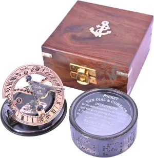 Gilbert & Sons Nautical Antique Brass Drum Sundial Compass with Wooden Box Maritime Navigational Magnetic Directional Working Compass New Year