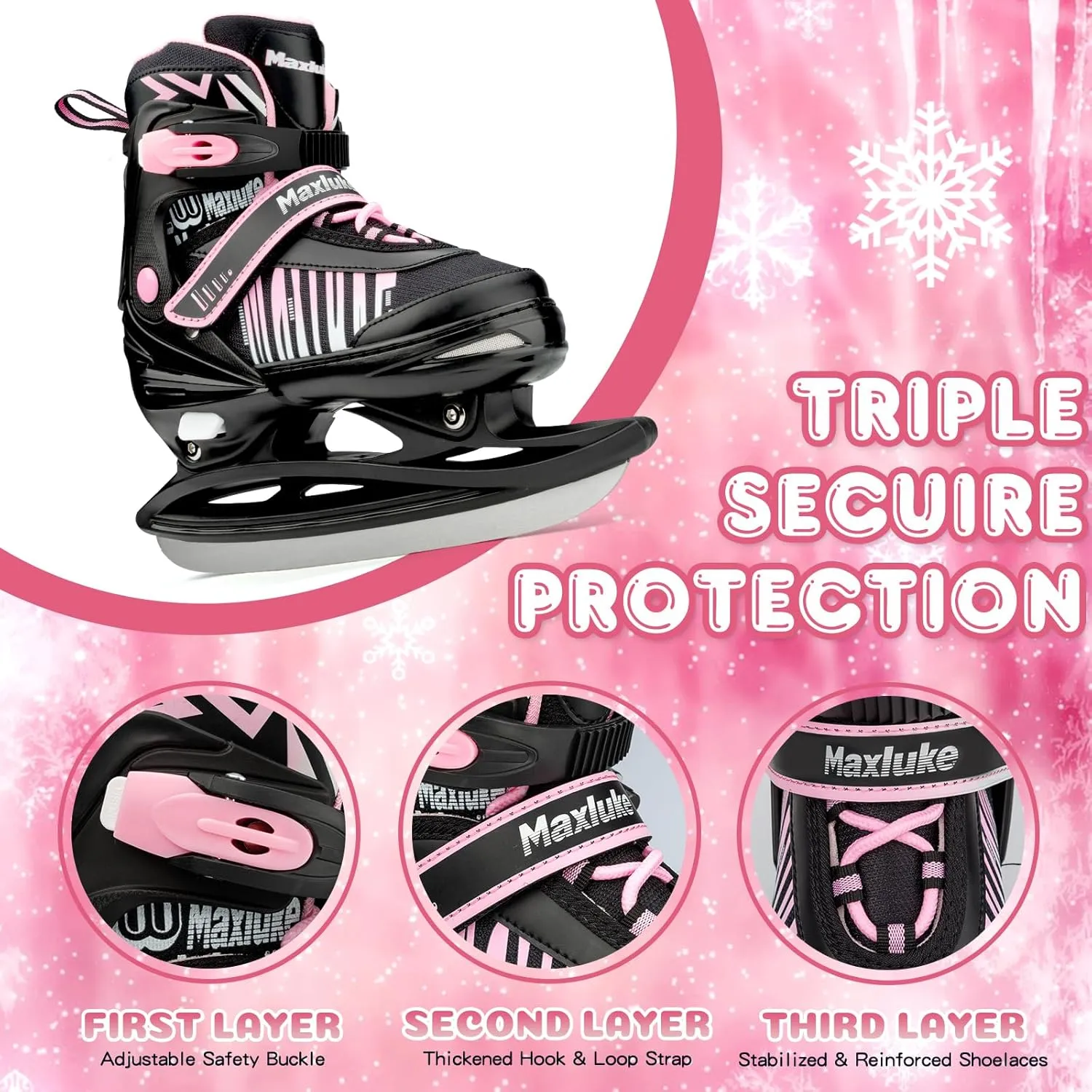 Girls Ice Skates for Kids, 4 Size Adjustable Ice Skate with Stainless Steel Blades