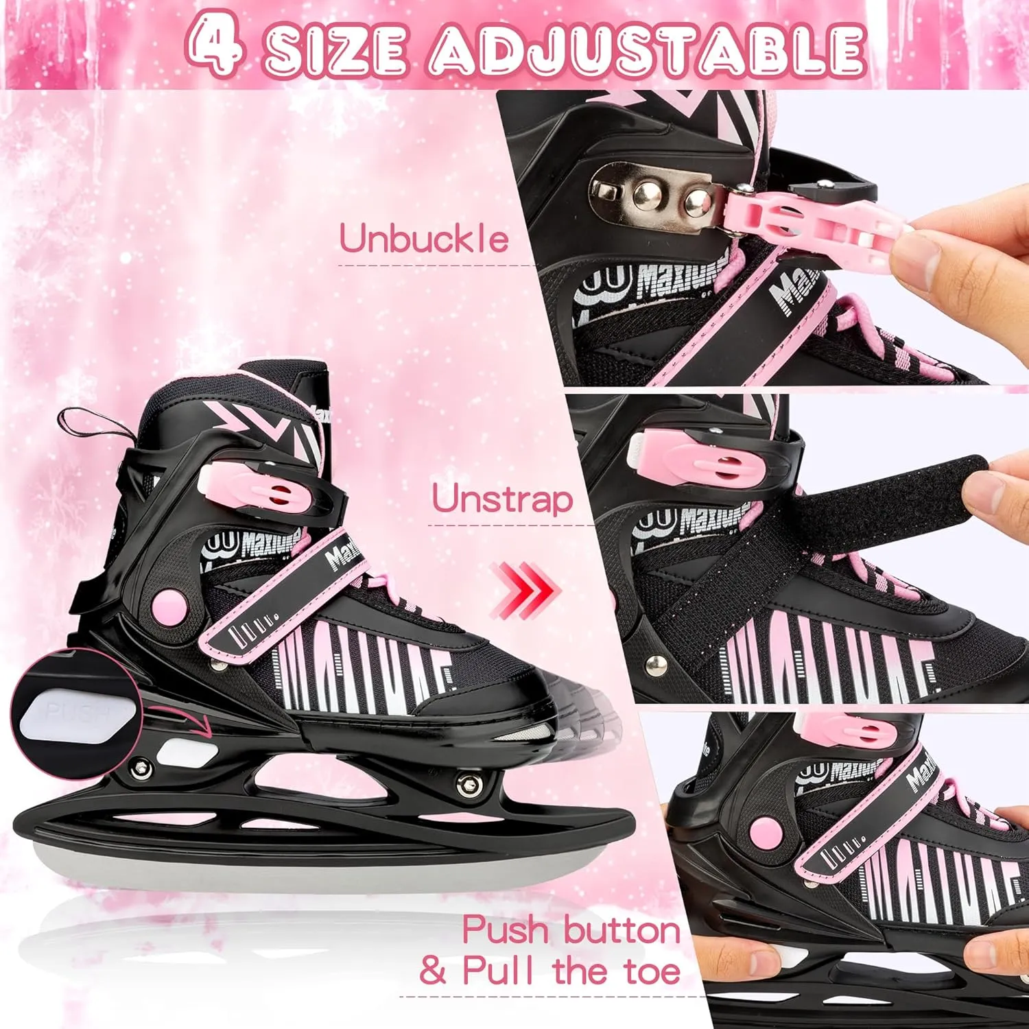 Girls Ice Skates for Kids, 4 Size Adjustable Ice Skate with Stainless Steel Blades