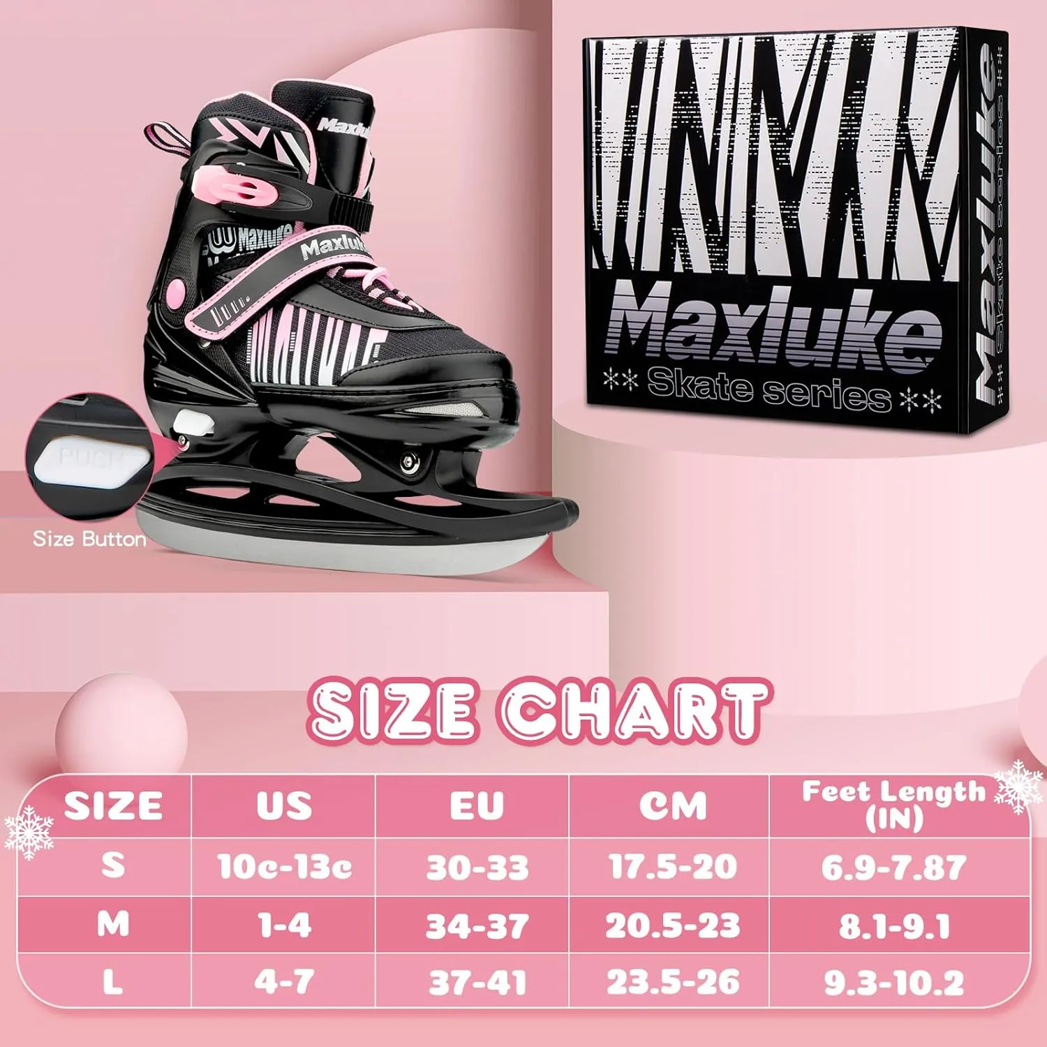 Girls Ice Skates for Kids, 4 Size Adjustable Ice Skate with Stainless Steel Blades