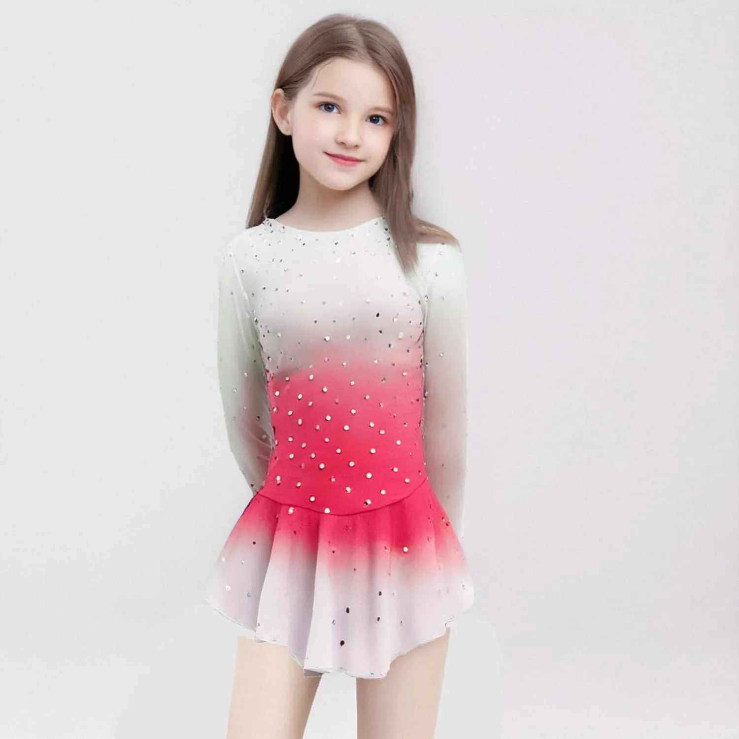 Girls' Pink Figure Skating Dress Show Uniform for Performance and Competition