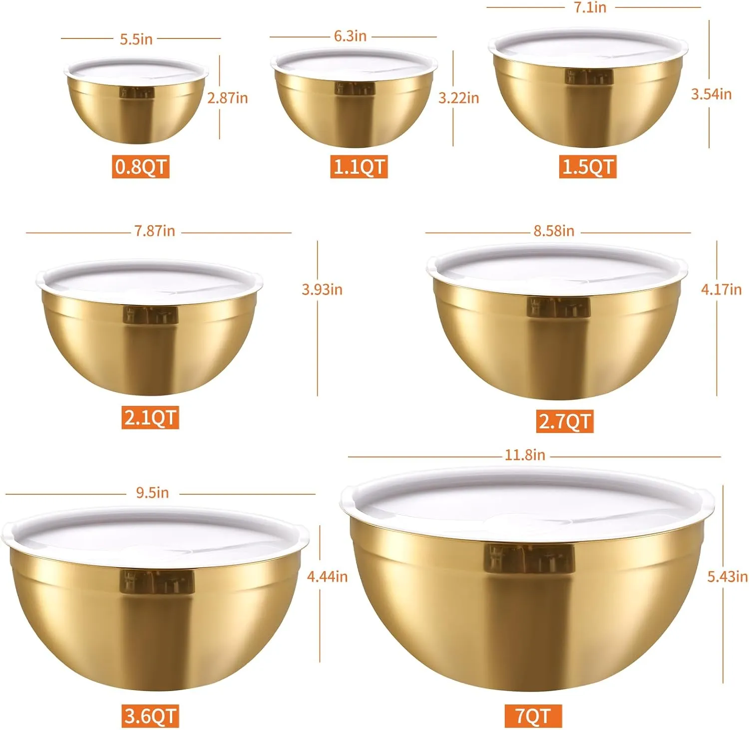 Gold Mixing Bowls with Airtight Lids, Stainless Steel Nesting Mixing Bowls Set of 7, Ideal for Baking, Prepping and Serving Food, Size 7, 3.6, 2.7, 2.1, 1.5, 1.1,0.8 QT, Stackable Design
