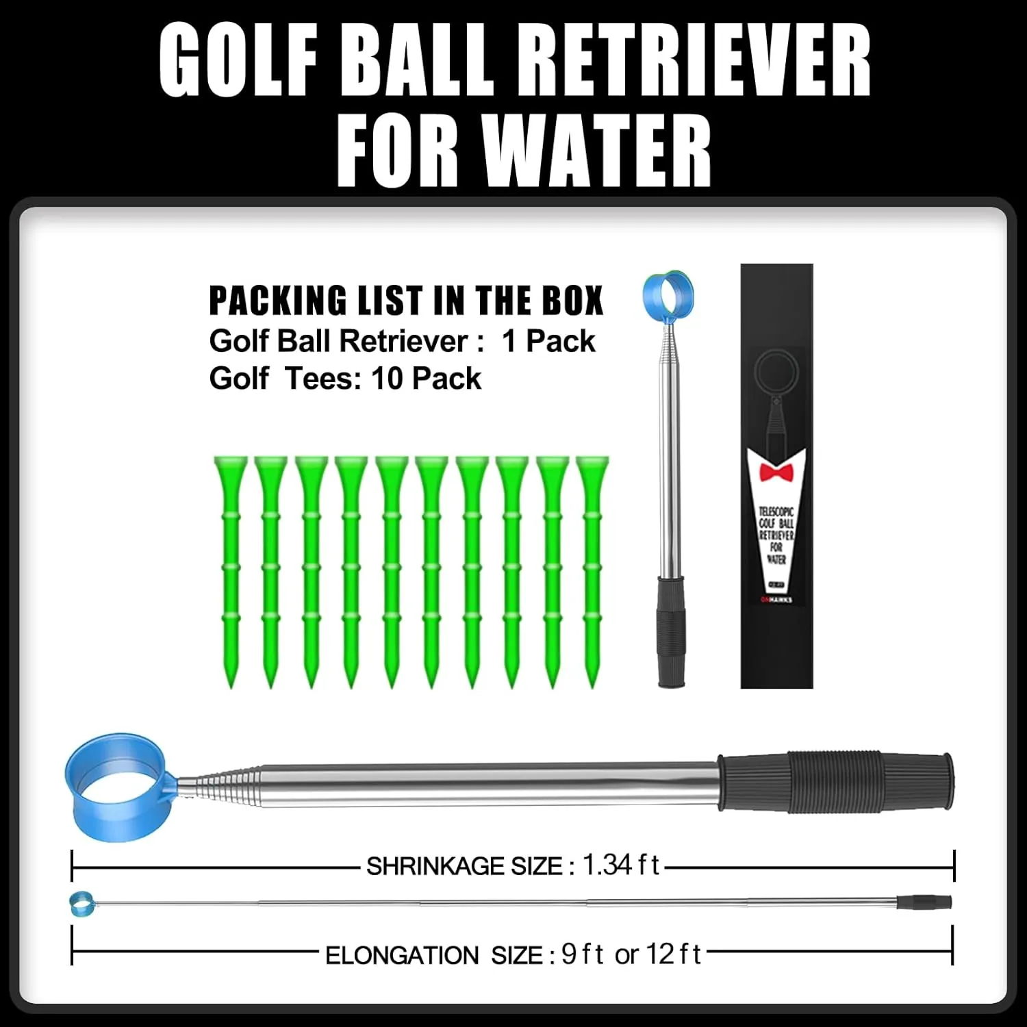 Golf Ball Retriever for Water,Telescopic 12Ft/9Ft Stainless Steel Shaft Two-Sided Easy Pick Up Balls,Unbreakable Head Retriever Tool Golf Accessories Golf Gift for Men