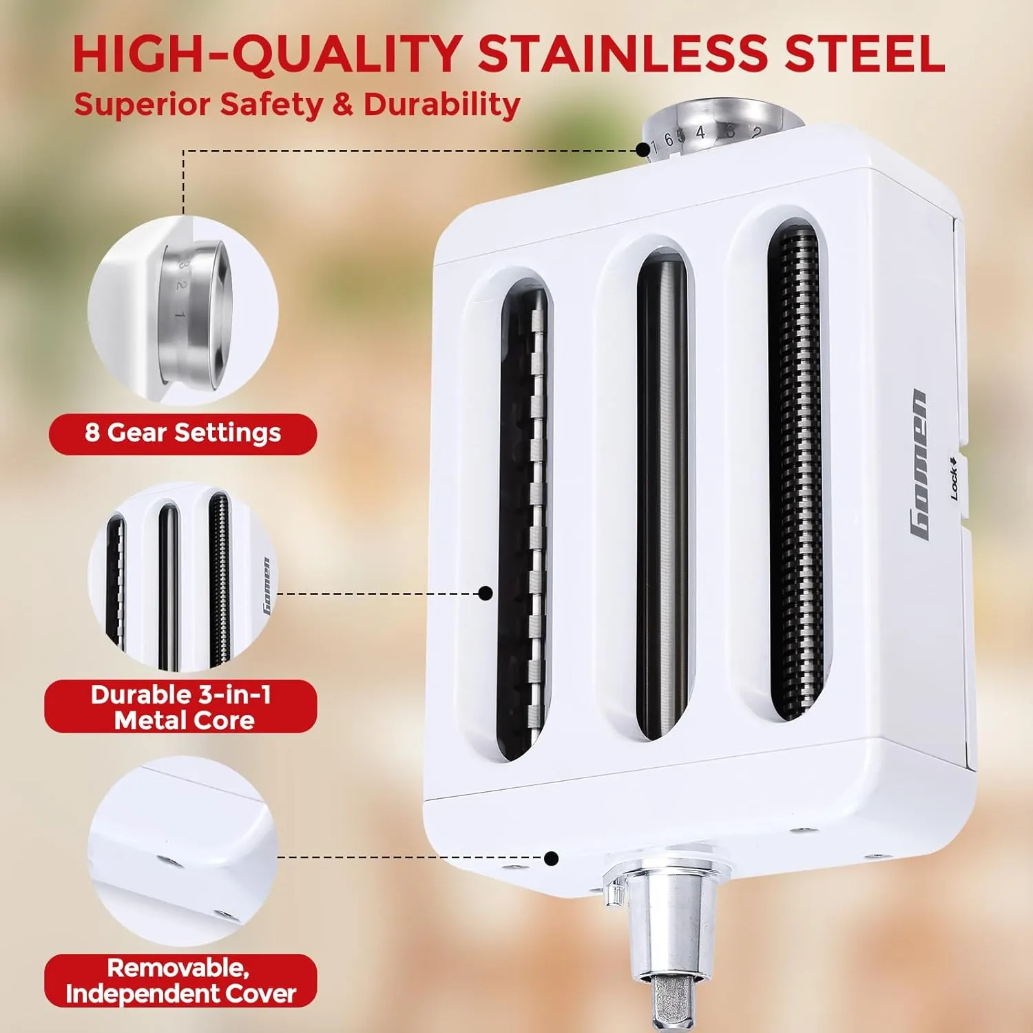 Gomen 3-in-1 Pasta Maker Attachment for KitchenAid Stand Mixers | Stainless Steel Pasta Roller, Spaghetti/Fettuccine Cutter for KitchenAid Mixer Accessories & Pasta Press​