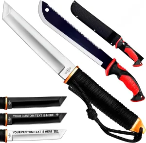 GRAND WAY Tanto Camping Knife with Sheath – 3  Colors – 5.9"" Fixed Full Tang Mirror Polished Blade – 11-Inch Serrated Blade Machete with Nylon Sheath – Saw Blade Machetes with Non-Slip Rubber Handle