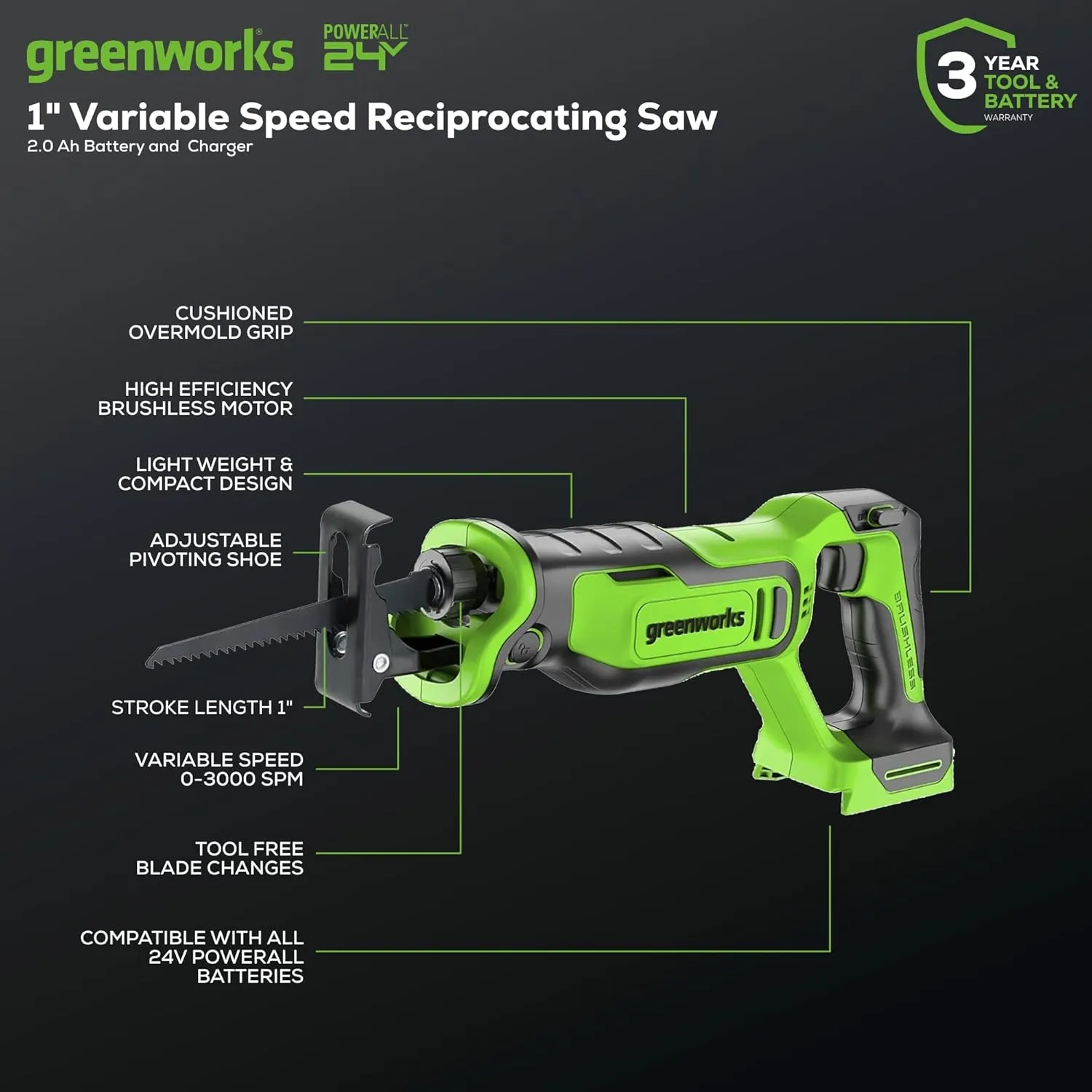 Greenworks 24V Cordless Brushless Reciprocating Saw, 3,000 SPM, 1" Stroke Length, Compact Design, Includes 2.0Ah Battery & Charger