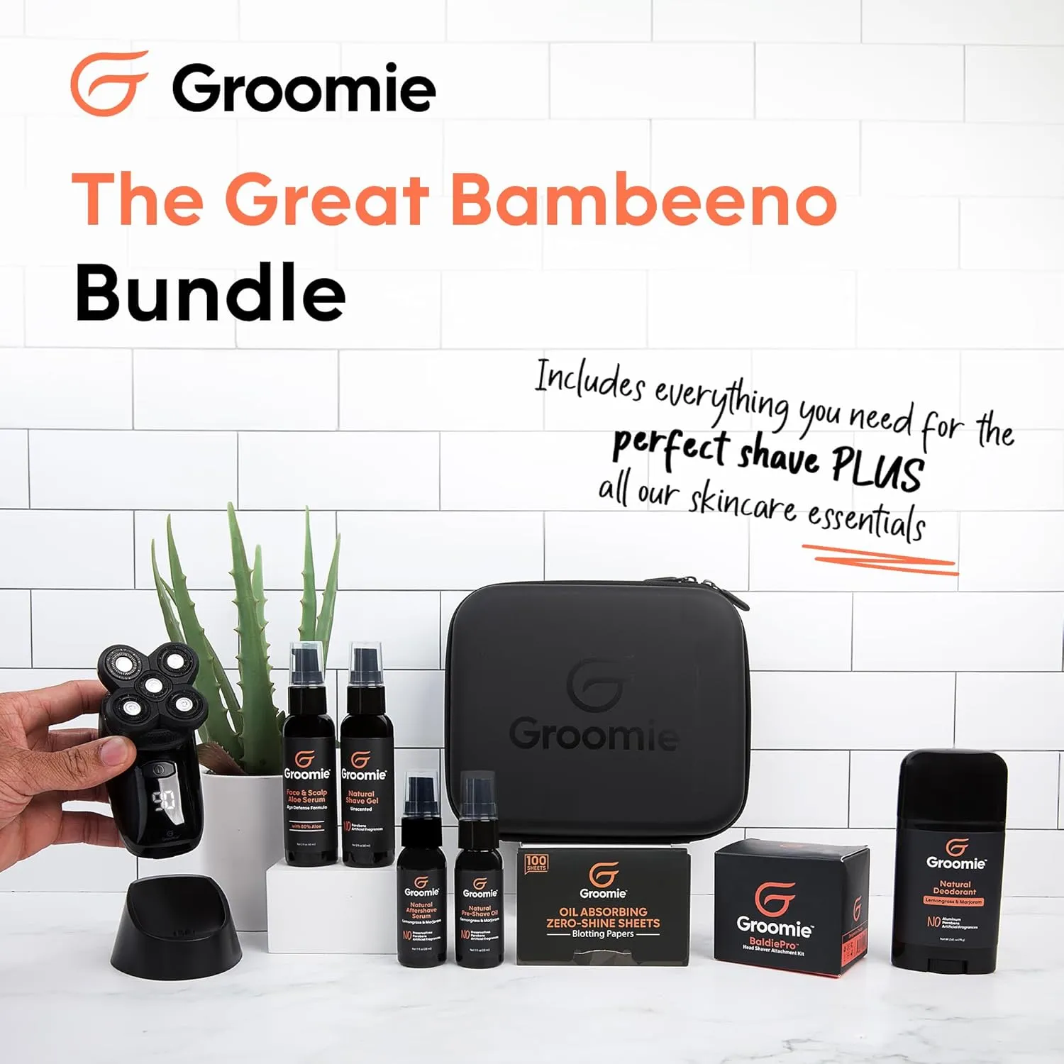 Groomie Mens Grooming Bundle - BaldiePro Electric Head Shaver for Bald Men Includes Travel Case, Charging Dock & Accessory Kit - Deodorant, Scalp & Face Serum, Shave Gel, Aftershave, Pre-Shave Oil