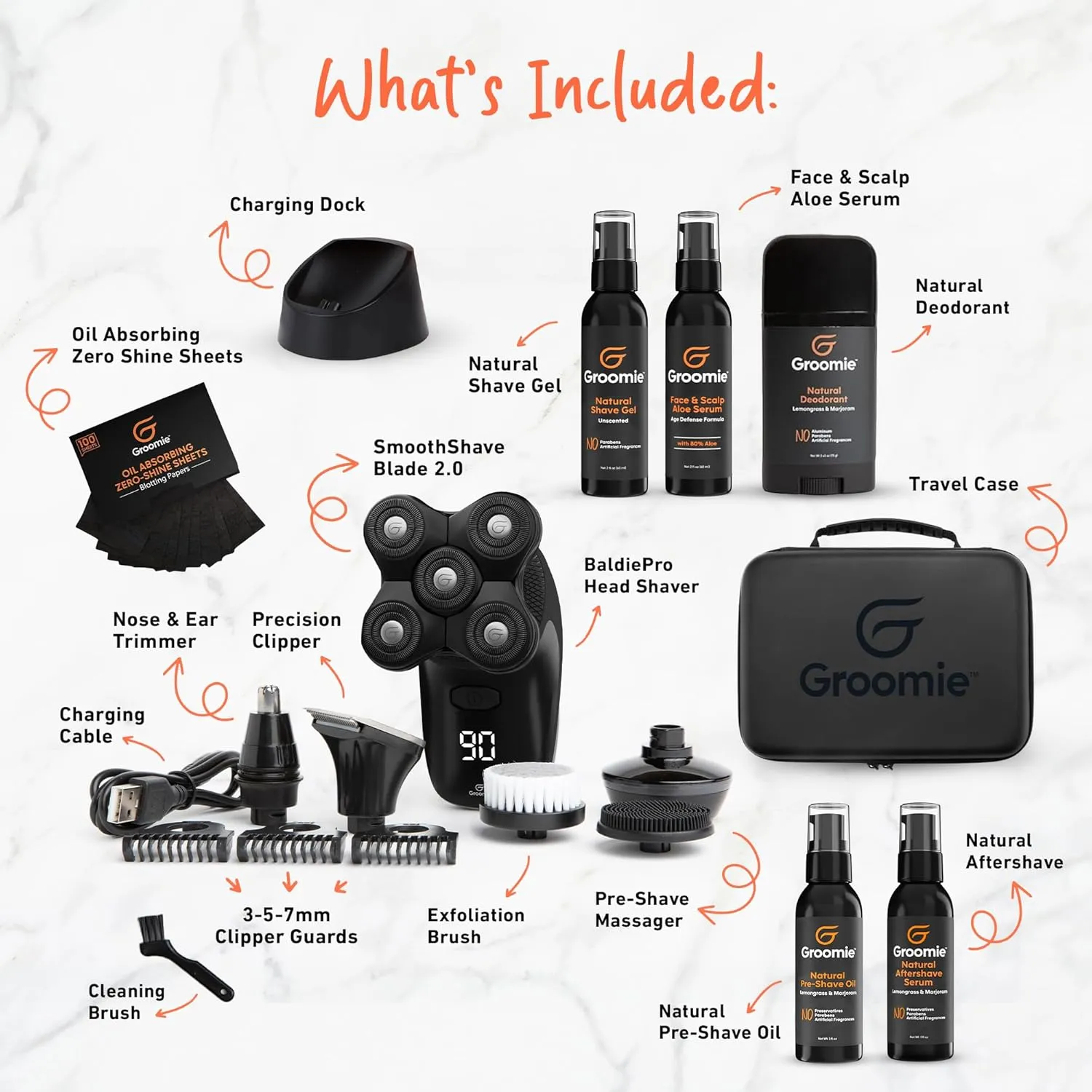 Groomie Mens Grooming Bundle - BaldiePro Electric Head Shaver for Bald Men Includes Travel Case, Charging Dock & Accessory Kit - Deodorant, Scalp & Face Serum, Shave Gel, Aftershave, Pre-Shave Oil