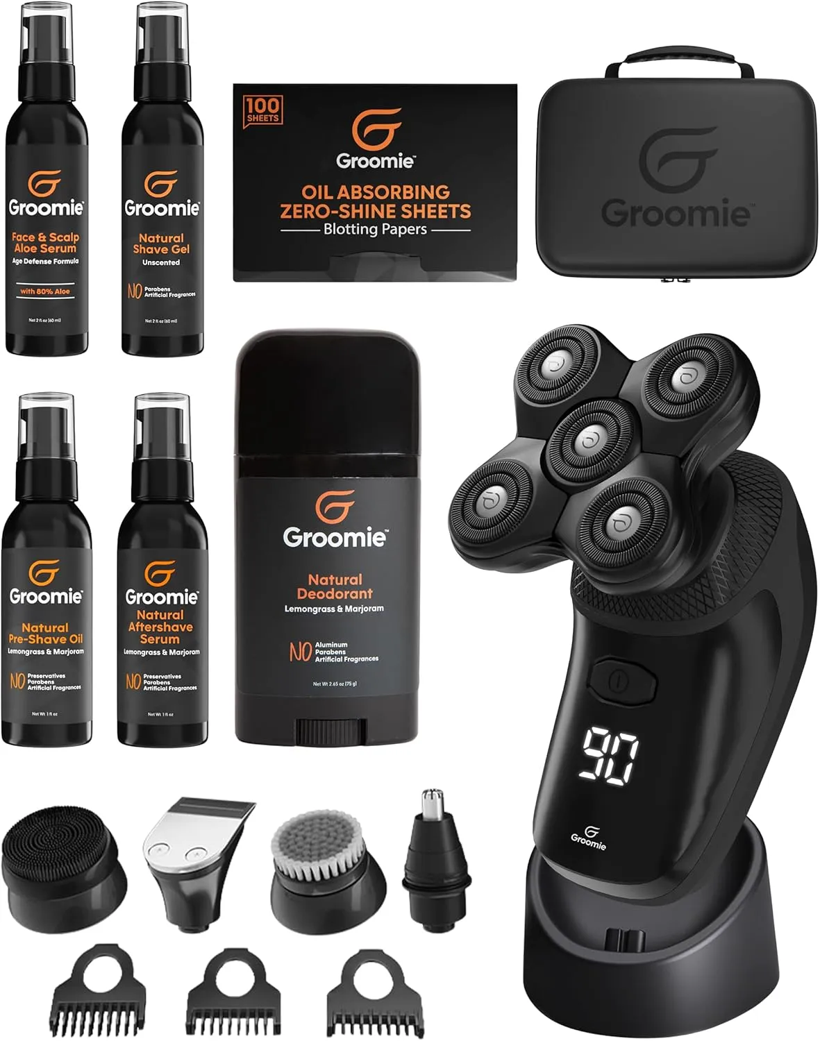 Groomie Mens Grooming Bundle - BaldiePro Electric Head Shaver for Bald Men Includes Travel Case, Charging Dock & Accessory Kit - Deodorant, Scalp & Face Serum, Shave Gel, Aftershave, Pre-Shave Oil