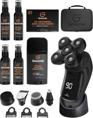 Groomie Mens Grooming Bundle - BaldiePro Electric Head Shaver for Bald Men Includes Travel Case, Charging Dock & Accessory Kit - Deodorant, Scalp & Face Serum, Shave Gel, Aftershave, Pre-Shave Oil