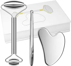 Gua Sha Facial Tools Set,Ice Face Rollers,Manual Acupuncture Pen,Stainless Gua Sha,3-in-1 Stainless Steel Massage Set for Women