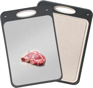 GUANCI Cutting Board for Kitchen Double Sided 304 Stainless Steel Chopping Board Food-Grade Stainless Steel and Wheat Straw PP Samll Size 14’’×9.6’’ Easy to Clean