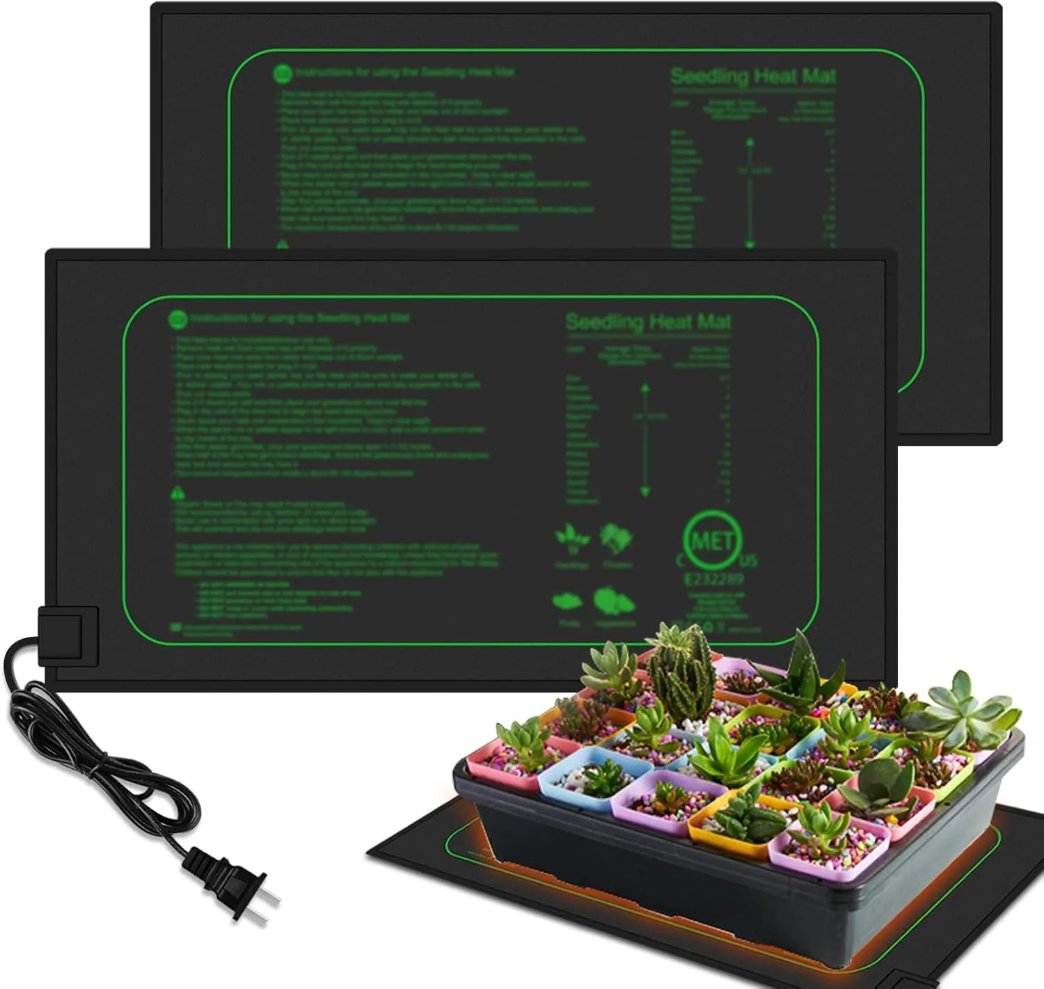 GYTF 21W Seedling Heat Mat for Seed Starting, 10" x 20.75" Waterproof Heating Pad for Indoor Plants Germination Hydroponic, MET Standard - 2 Pack