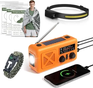 Hand Crank Emergency Radio Kit, 5000mAh NOAA Weather Alert Radio, AM/FM Portable Radios with Headlight, Emergency Thermal Blanket, Paracord Bracele, for Camping, Survival, Indoor&Outdoor