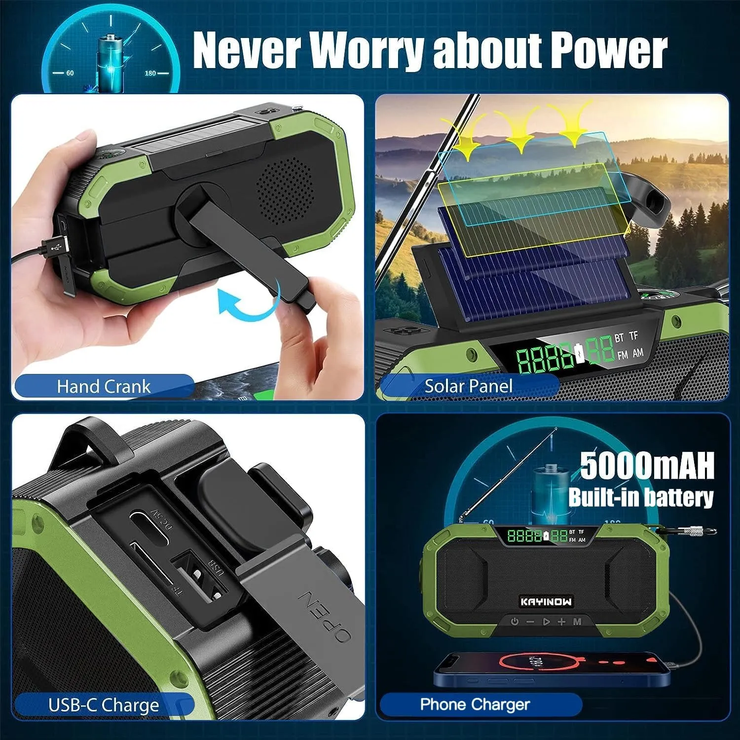 Hand Crank Solar Power Emergency Radio with Waterproof Bluetooth Speaker,Portable AM FM NOAA Weather Radio,5000mAh Rechargeable Battery Operated,Phone Charger,Flashlight,SOS,Survival Storm Camping