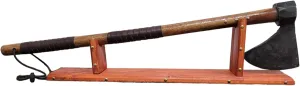 Hand-Forged Viking Two Handed Axe Carbon Steel Axe Head 29" Wood Handle and Display Stand