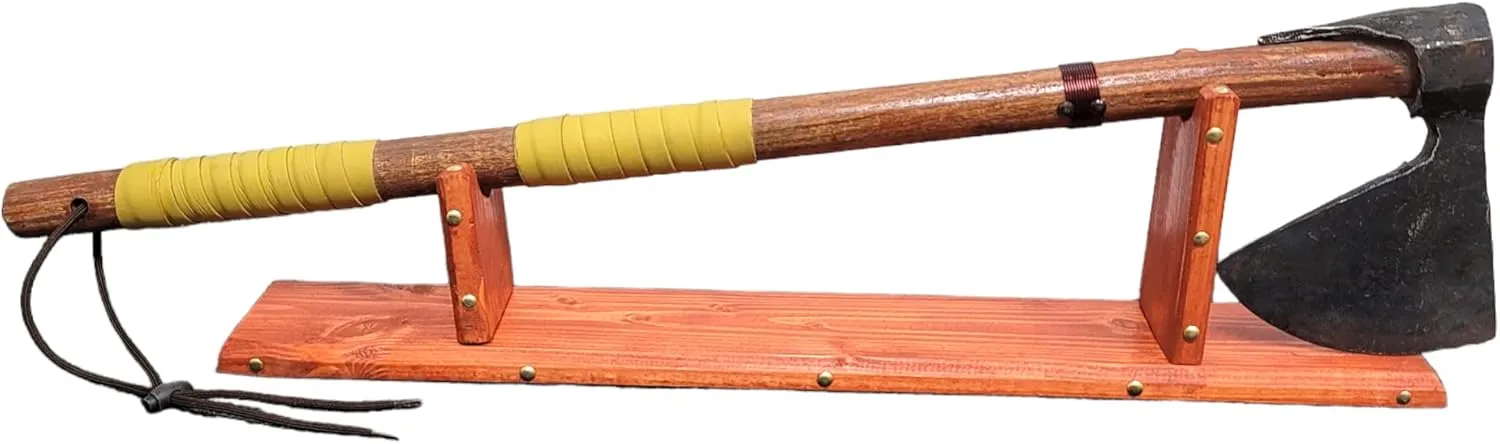 Hand-Forged Viking Two Handed Axe Carbon Steel Axe Head 29" Wood Handle Display Stand Copper Ring