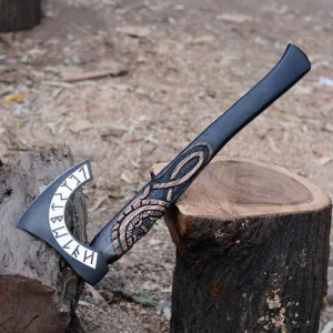 Handcrafted Viking Bearded Axe with Norse Runes – Engraved Carbon Steel Blade & Carved Wood Handle | Norse Mythology Decor | Personalized Viking Gift for Him | LARP, Cosplay & Display Axe