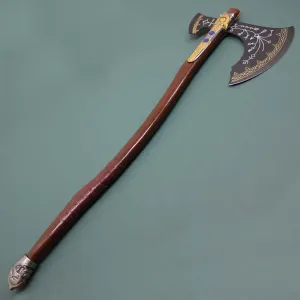 Handmade God of War Karatos Axe Replica Cosplay Armour Costume Weapon War Axe Prop 440 Treated Steel Edge Carved Wooden Handle for Better Grasp