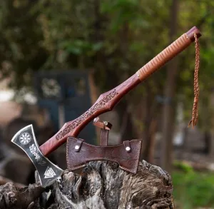 Handmade High Carbon Steel Double Edge Viking Axe - Valhalla Axe with Sheath - Viking Hatchet - Hunting Axe - Rose Wood Handle - Hand Engraved Design by Empire Industry